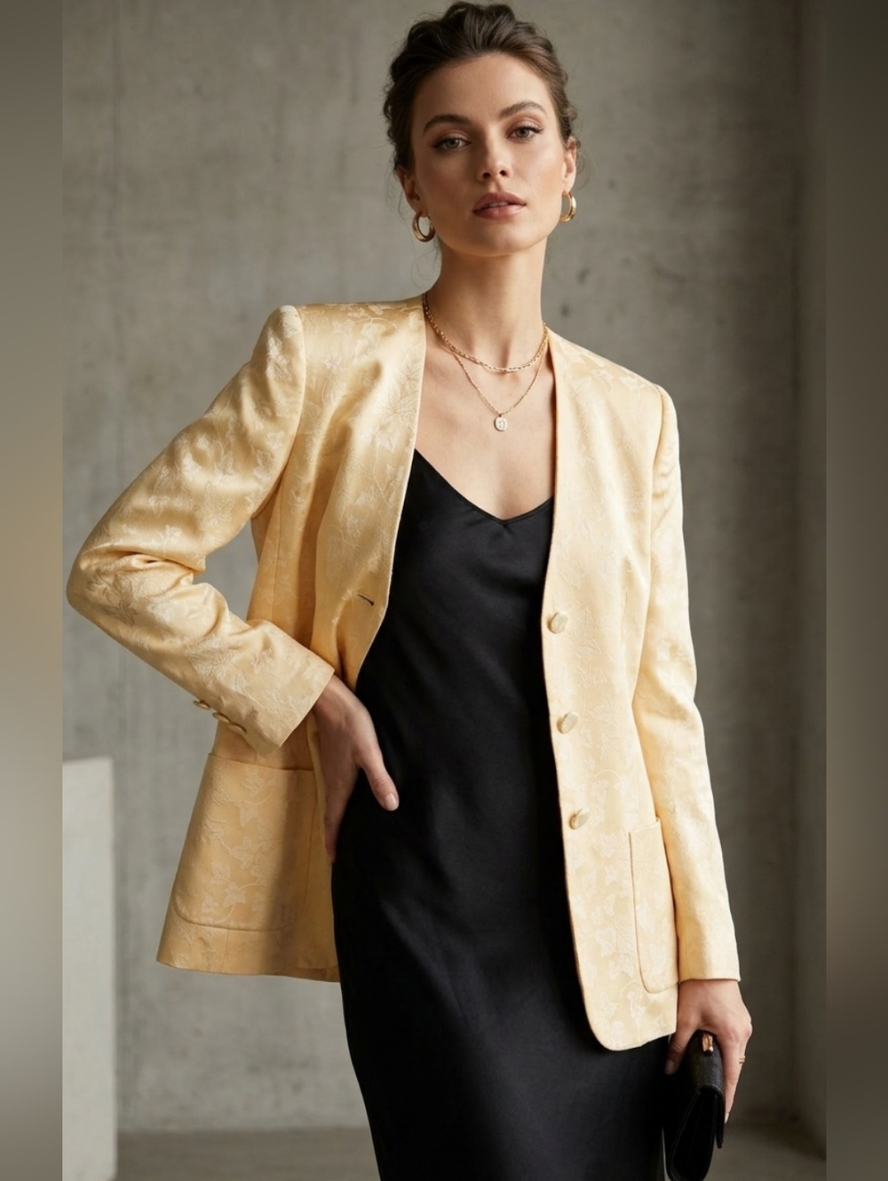 Vintage Louis Féraud Paris Collarless Silk Blend Blazer Yellow Leaf Print Size 8